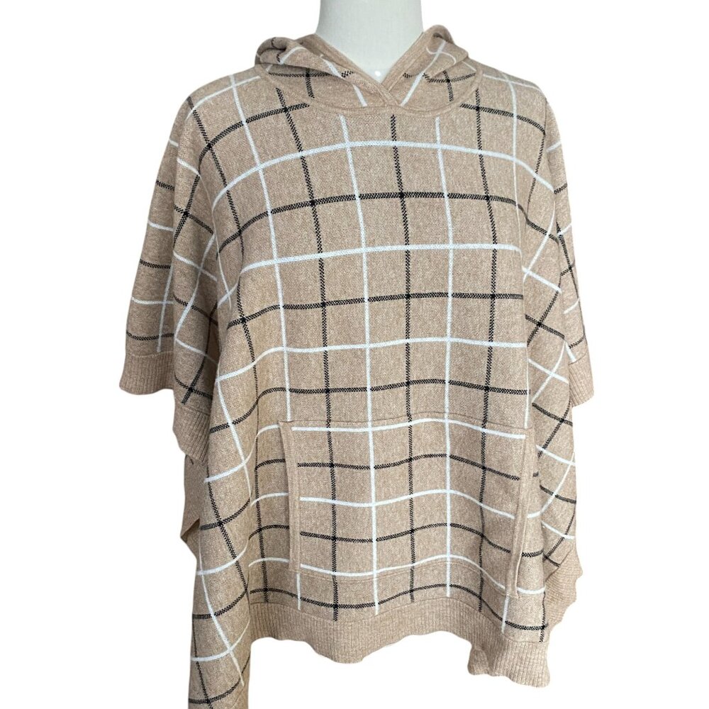 Tahari Windowpane Plaid Hood Poncho Lagenlook English Countryside Equestrian-OS